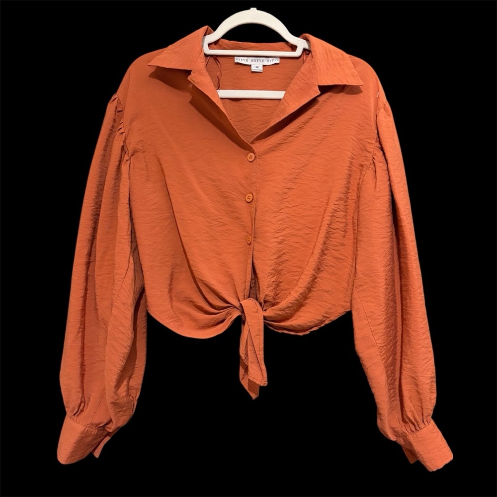 HYFVE Rust Orange Button-Front Tie-Hem Blouse